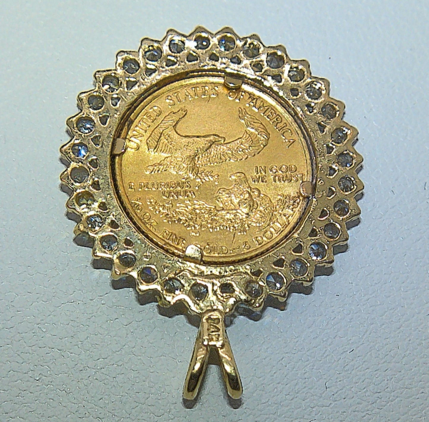 1987 $5 American Eagle Lady Liberty Coin with 14Kt 1.00 CT Diamond Halo Pendant