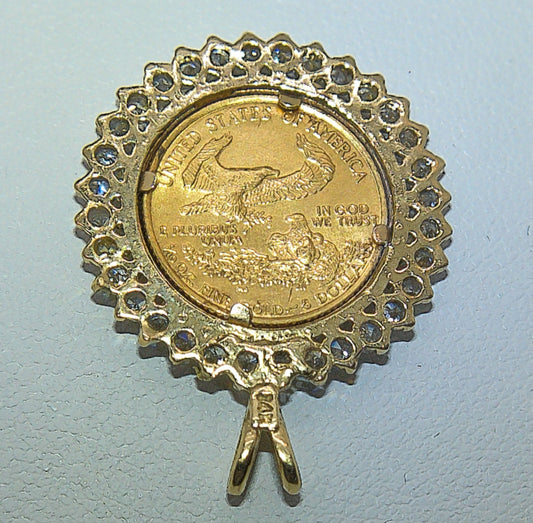 1987 $5 American Eagle Lady Liberty Coin with 14Kt 1.00 CT Diamond Halo Pendant