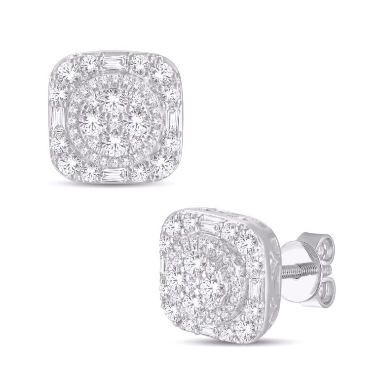 Diamond Round and Baguette Diamond Cluster Earrings
