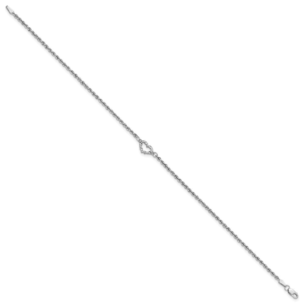 10k White Gold Diamond-cut Open Heart and Rope Chain 9 inch Anklet