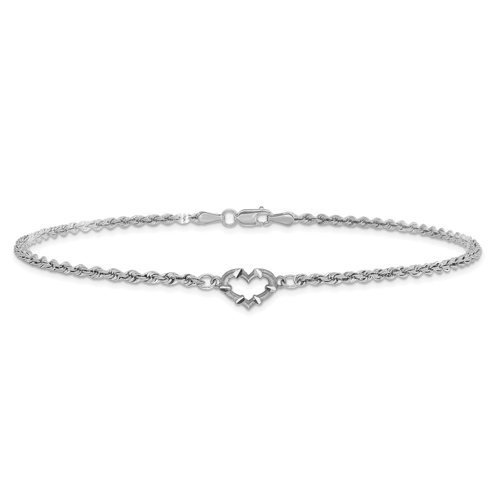 10k White Gold Diamond-cut Open Heart and Rope Chain 10 inch Anklet