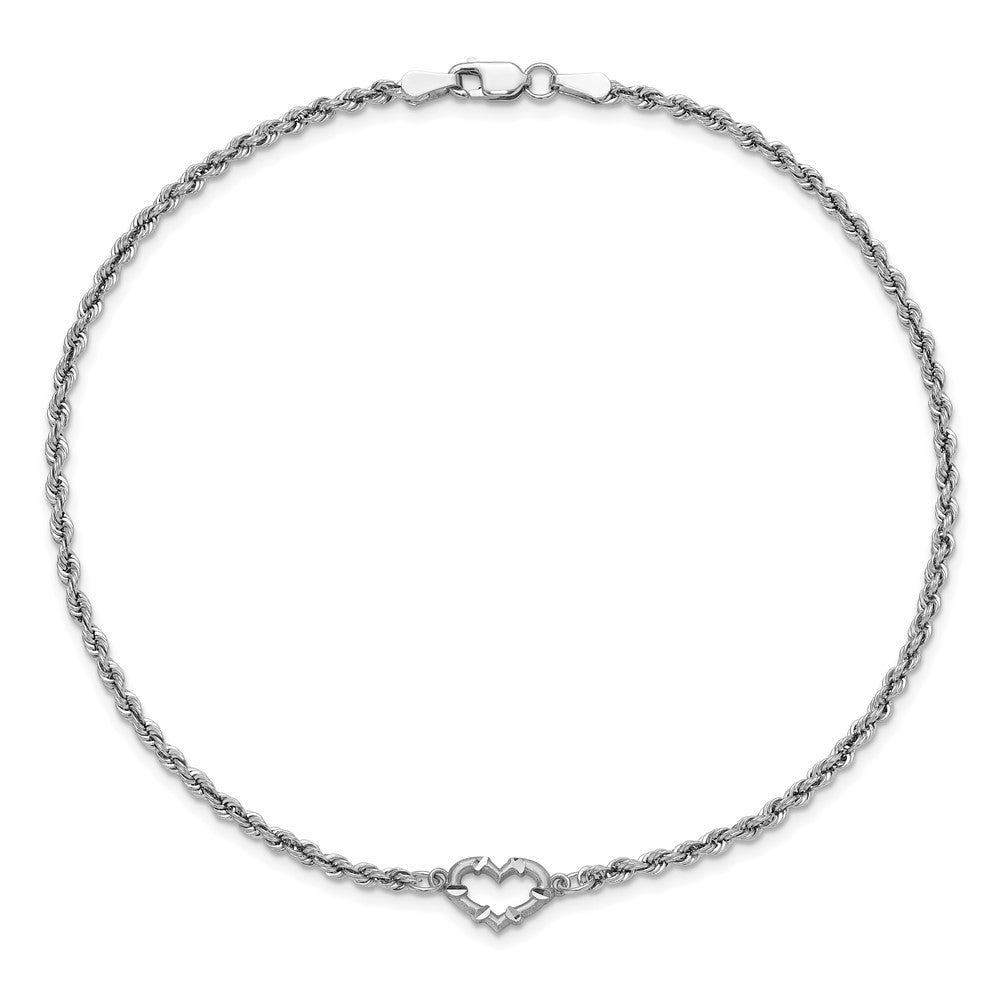 10k White Gold Diamond-cut Open Heart and Rope Chain 9 inch Anklet