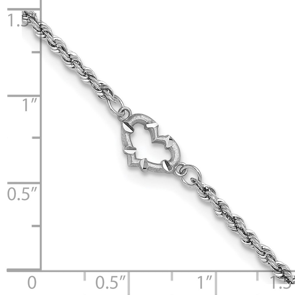 10k White Gold Diamond-cut Open Heart and Rope Chain 10 inch Anklet