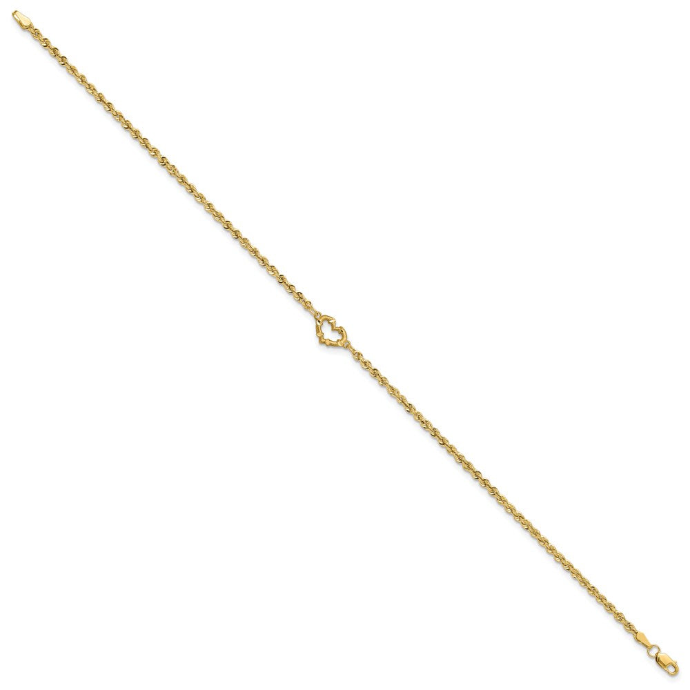 10k Diamond-cut Open Heart and Rope Chain 9 inch Anklet