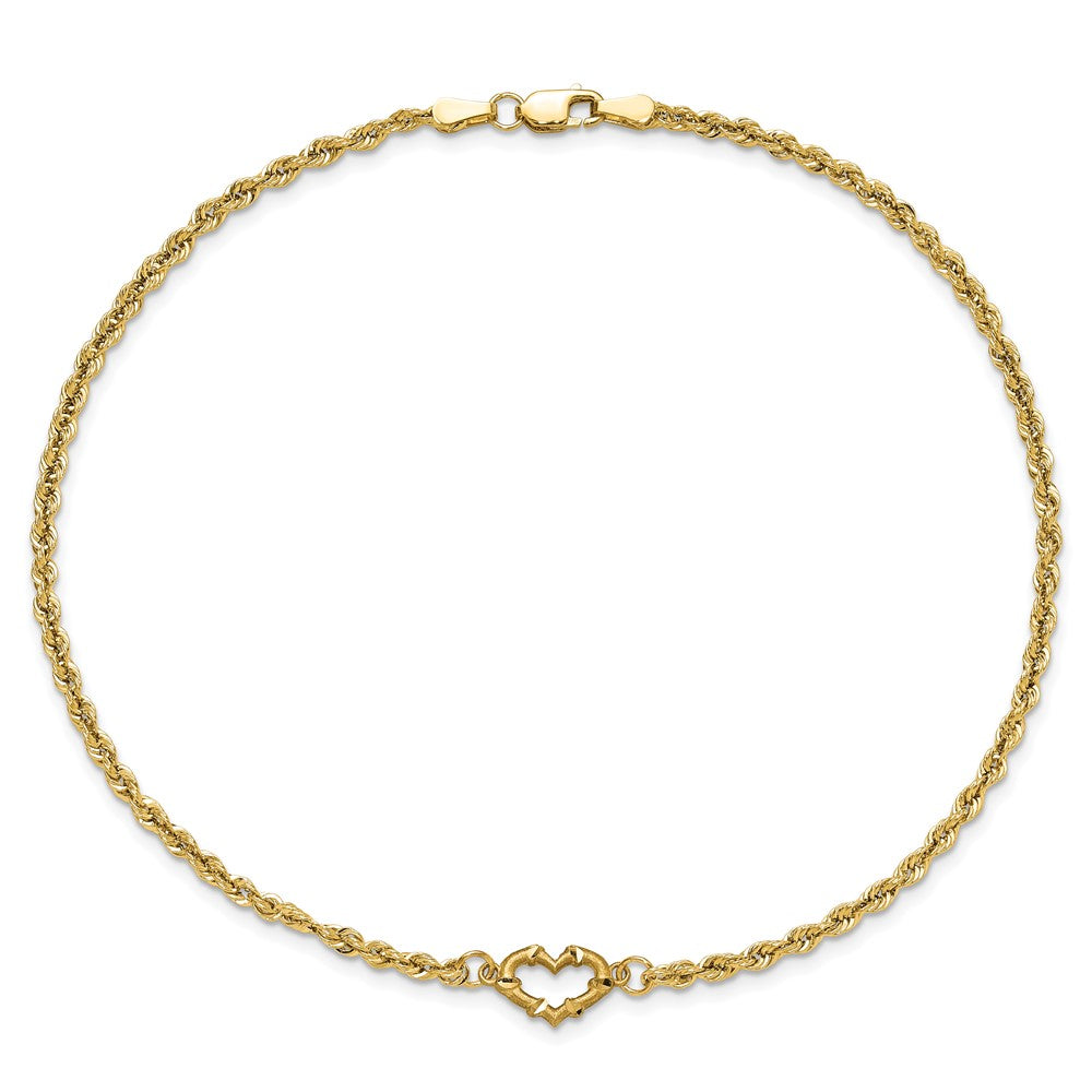 10k Diamond-cut Open Heart and Rope Chain 9 inch Anklet