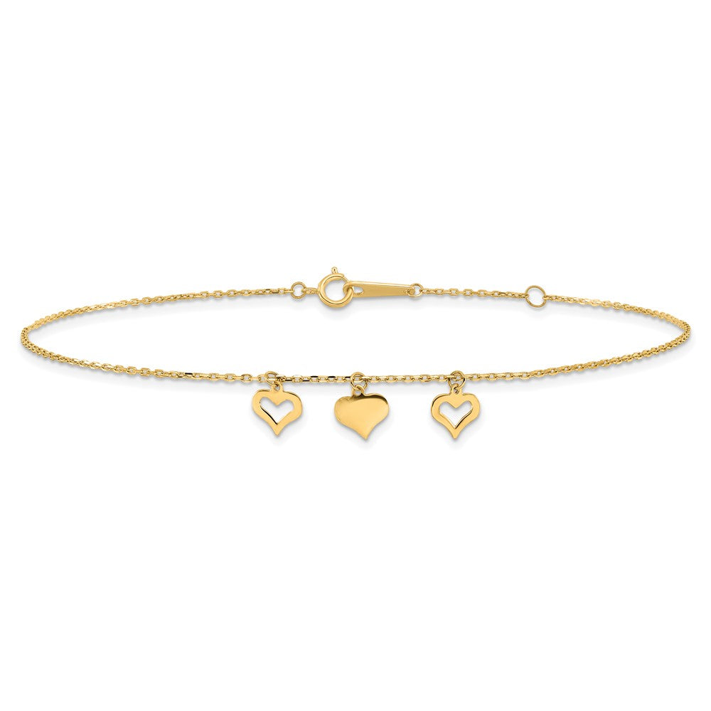 10k Polished Three Heart Dangles 9 inch Plus 1 inch Extender - Total 10 inch Anklet