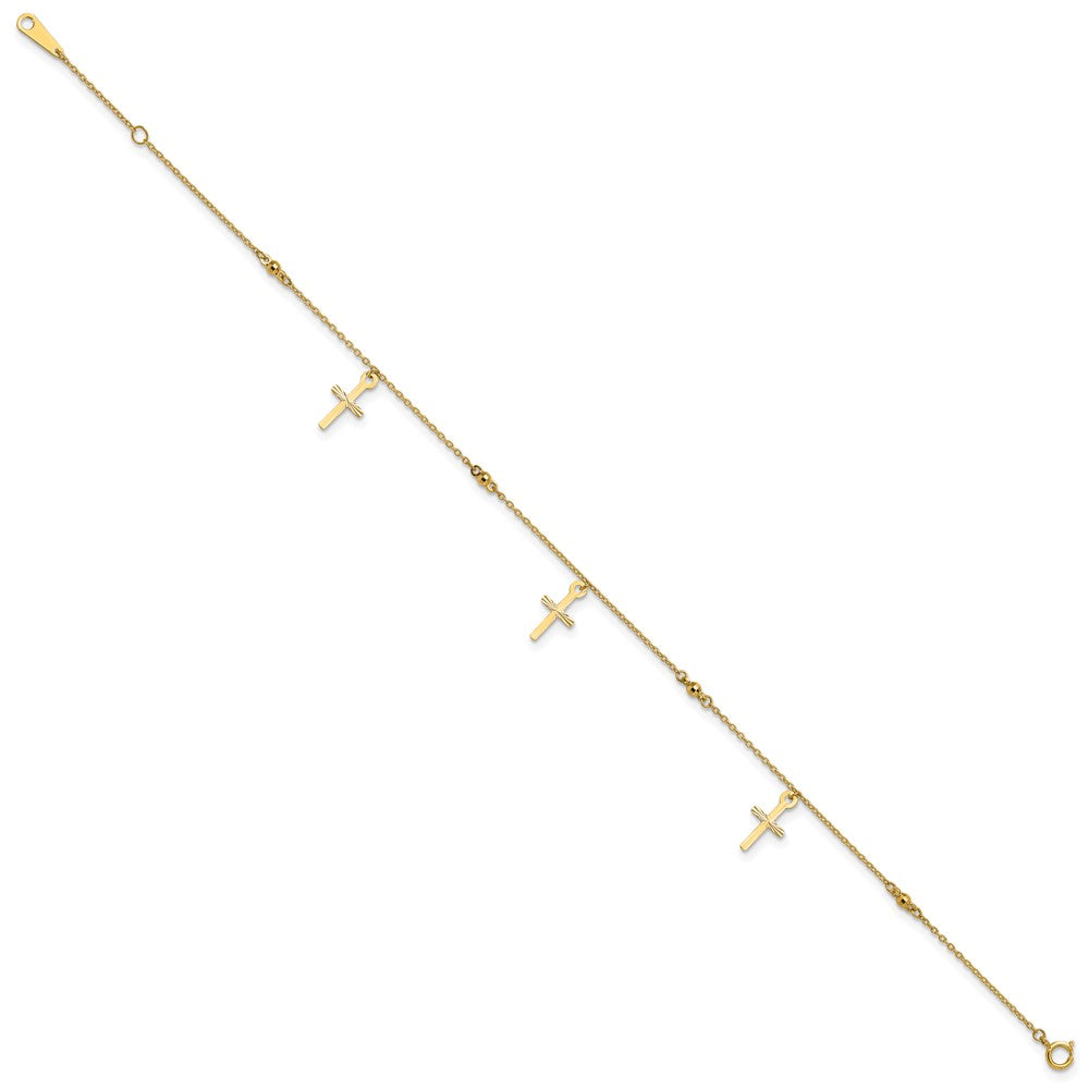 10k Polished Cross Dangle and Beads 9 inch Plus 1 inch Extender - Total 10 inch Anklet