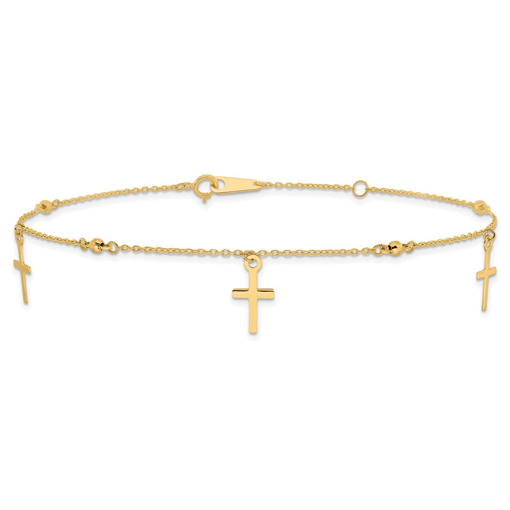 10k Polished Cross Dangle and Beads 9 inch Plus 1 inch Extender - Total 10 inch Anklet