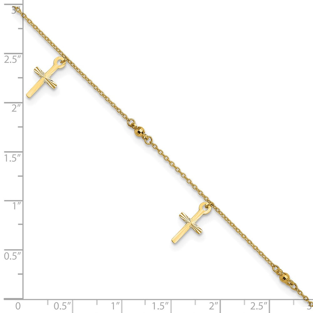 10k Polished Cross Dangle and Beads 9 inch Plus 1 inch Extender - Total 10 inch Anklet