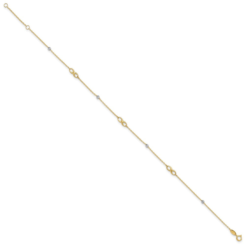 10K Two-Tone Infinity and Diamond-cut Beads 10 inch Plus 1 inch Extender - Total 11 inch Anklet