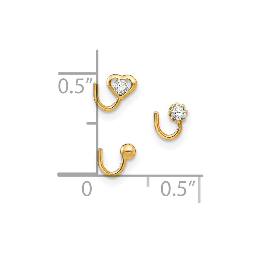 10k 20 Gauge Set Of Three Heart/Round CZ and Gold Ball Nose Studs