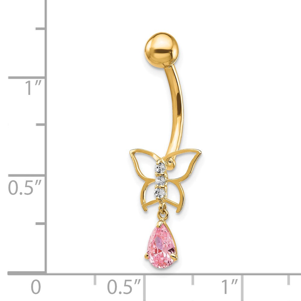 10k 14 Gauge Dangle Butterfly with Pink CZ Belly Dangle