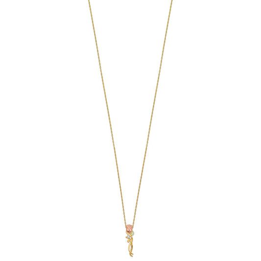 10k and 12k Tri-color Black Hills Gold 1/20 carat Diamond Long-stemmed Rose 14k Gold-filled Chain 18 inch Necklace