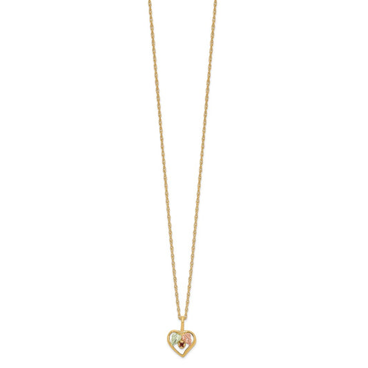 10k and 12k Tri-color Black Hills Gold Garnet and Leaves in Heart 14k Gold-filled Chain 18 inch Necklace