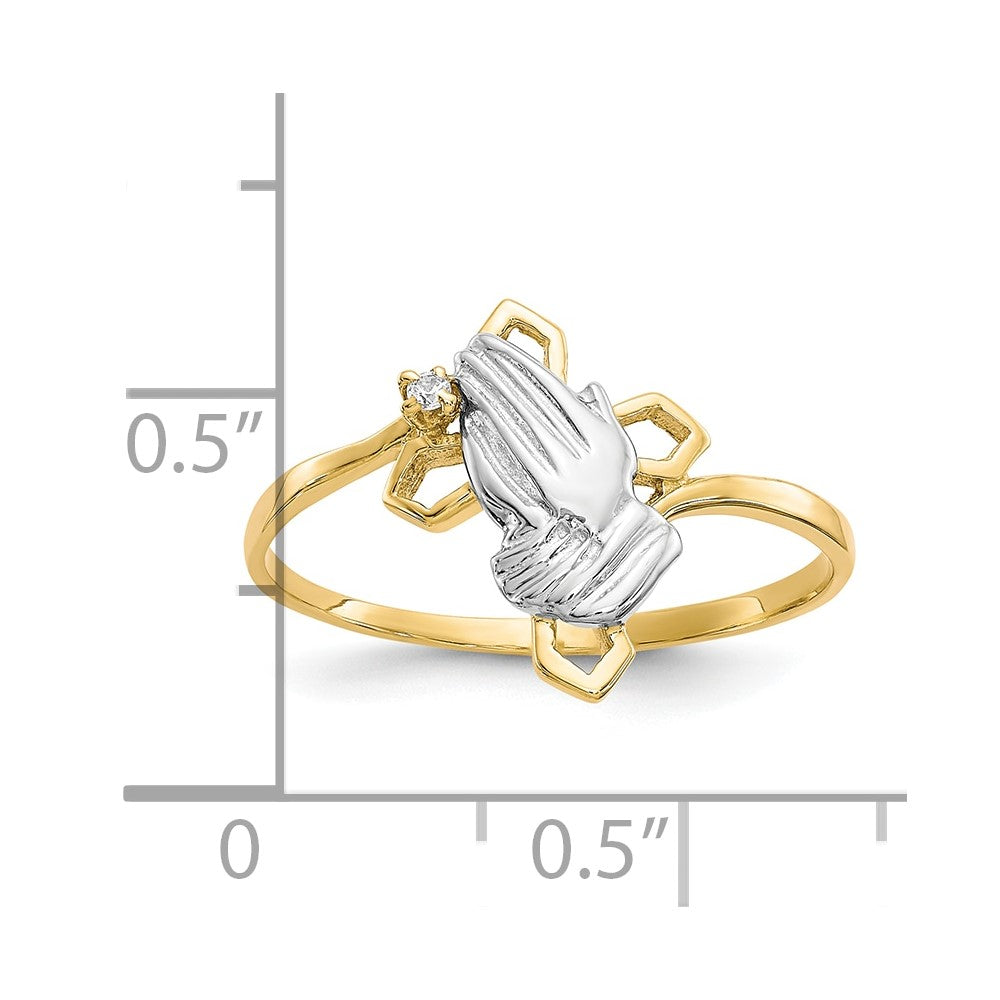10k & Rhodium Praying Hands CZ w/Cross Ring
