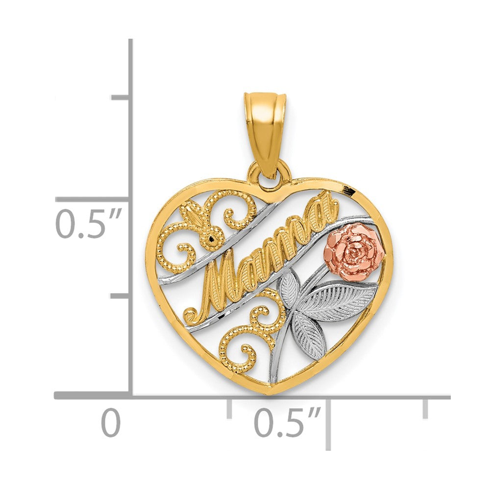 10K Two-Tone and White Rhodium Diamond-cut MAMA in Heart Pendant