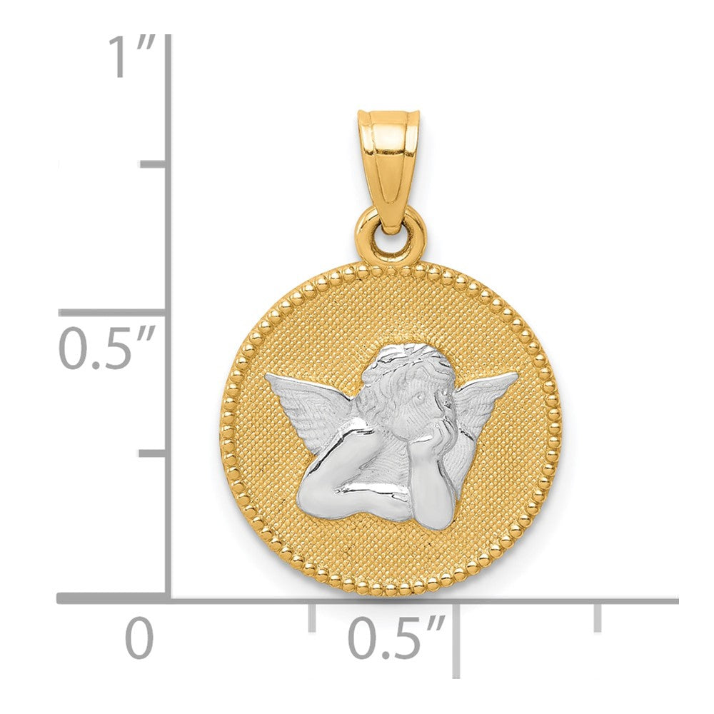 10K and White Rhodium Polished and Textured Round Angel Pendant