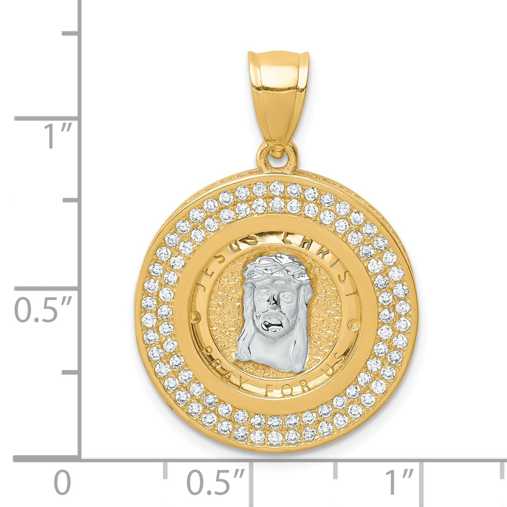 10K and White Rhodium CZ Channel Edge Pave Jesus Face Medal Pendant