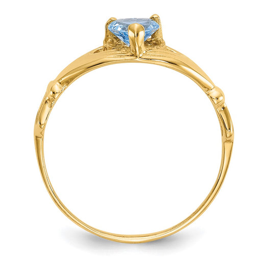 10k CZ March Light Blue Birthstone Claddagh Heart Ring