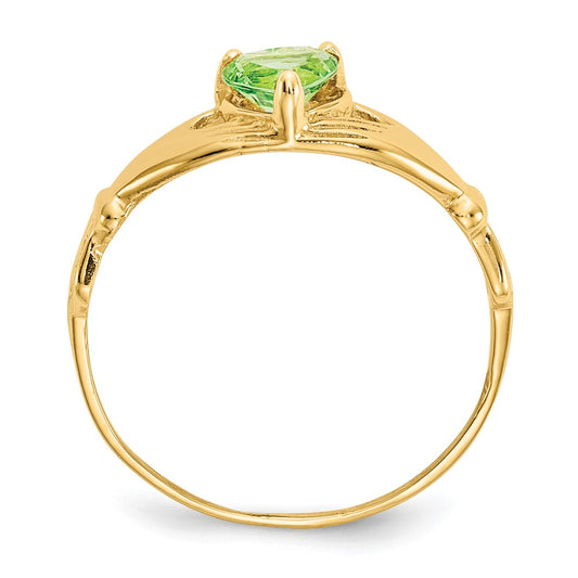 10k CZ August Light Green Birthstone Claddagh Heart Ring