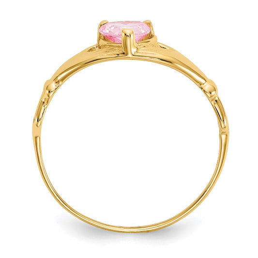 10k CZ October Pink Birthstone Claddagh Heart Ring