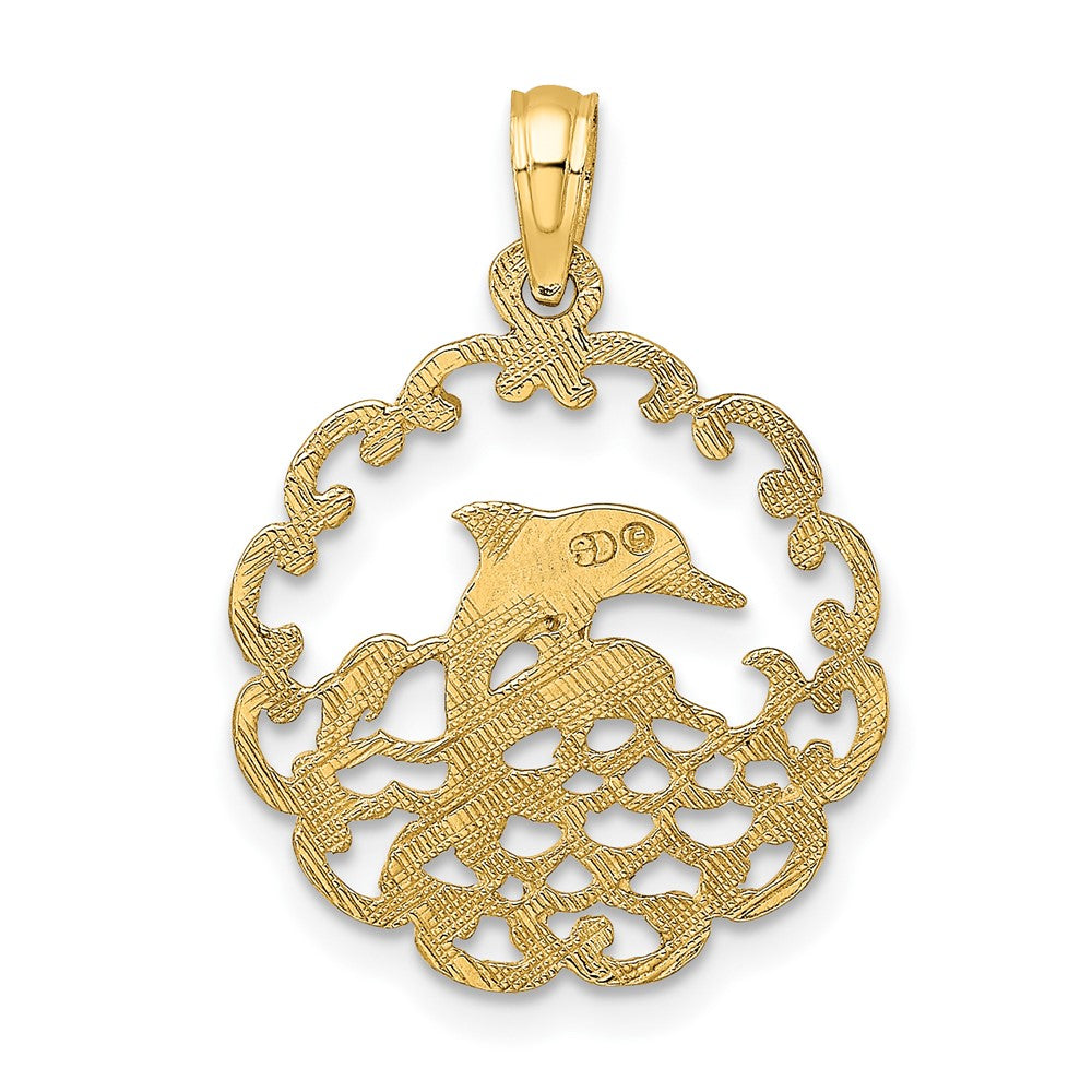 10K Cut-out Jumping Dolphins in Scalloped Circle Pendant