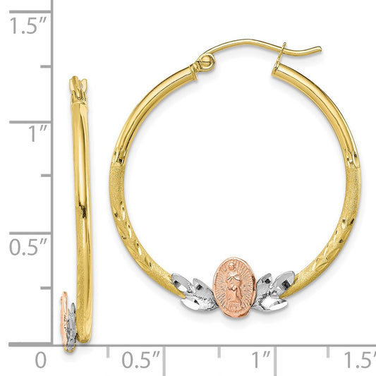 10k Tri-color Our Lady of Guadalupe Diamond-cut Hoop Earrings