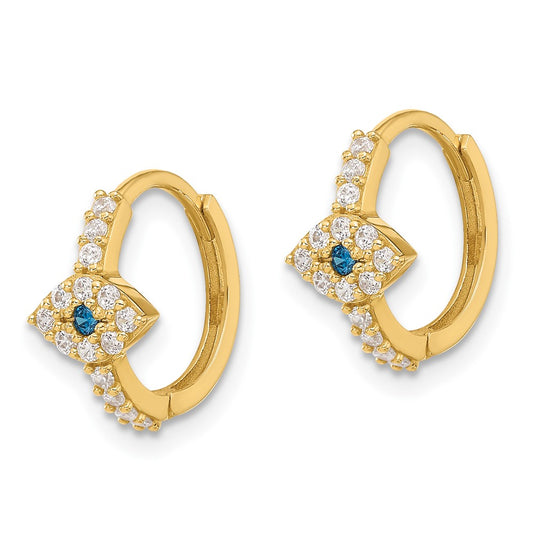 10K Polished Clear and Blue CZ Evil Eye Hinged Hoop Earrings