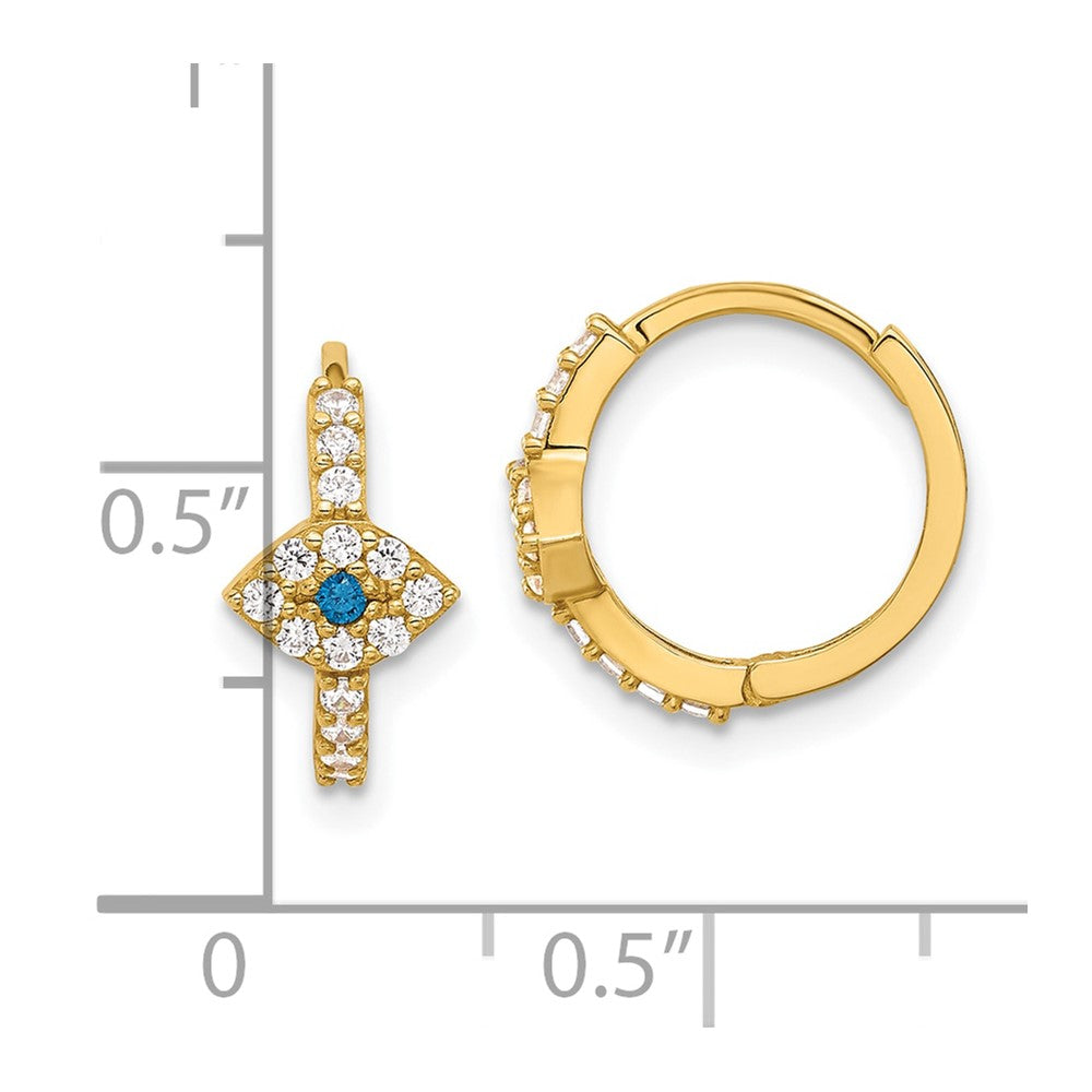 10K Polished Clear & Blue CZ Evil Eye Hinged Hoop Earrings