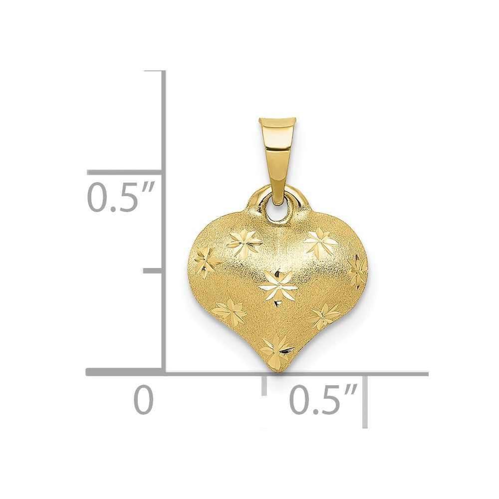 10K 11mm Polished and Satin Diamond-cut 3-D Puffed Heart Pendant