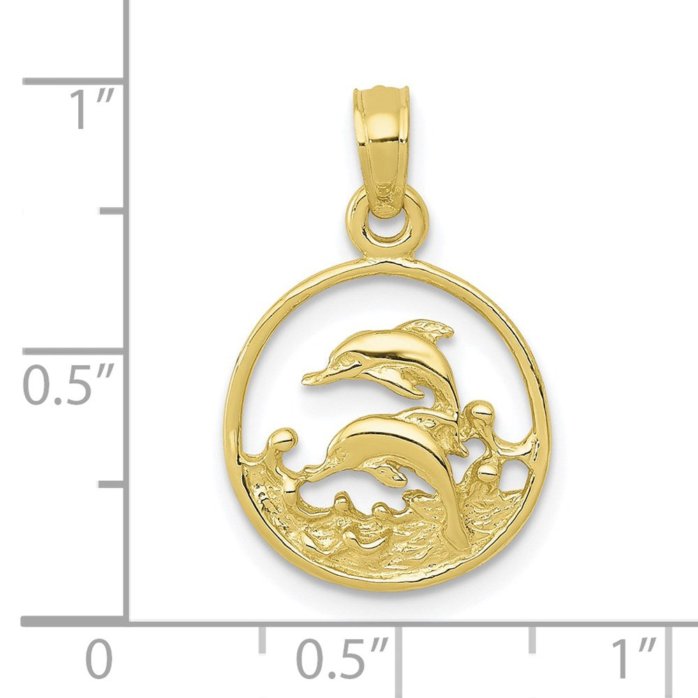 10K Double Dolphins in Circle Pendant