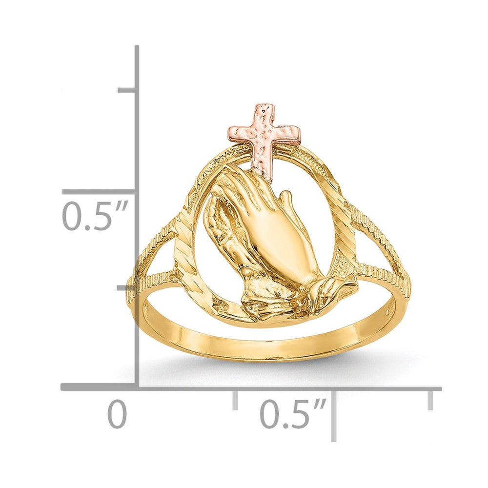 10K Two-tone Diamond Cut Praying Hands Cross Ring