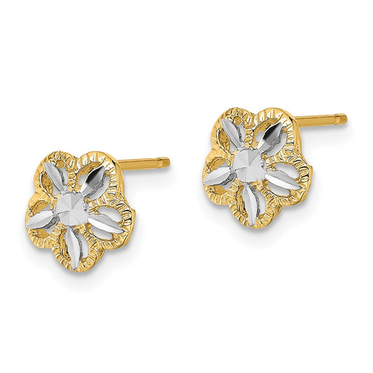 10K and White Rhodium Diamond-cut Flower Post Earrings