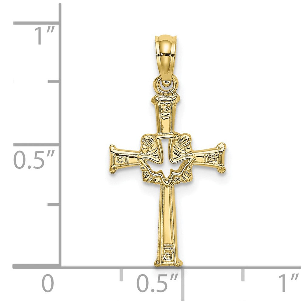 10K Polished and Engraved Cross and Dove Charm
