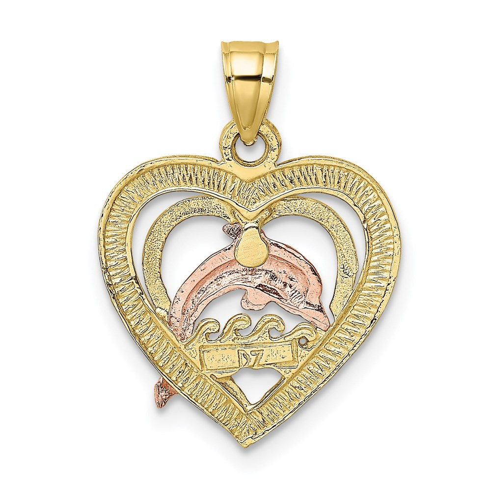 10K Two-tone and White Rhodium Dolphin In Heart Charm