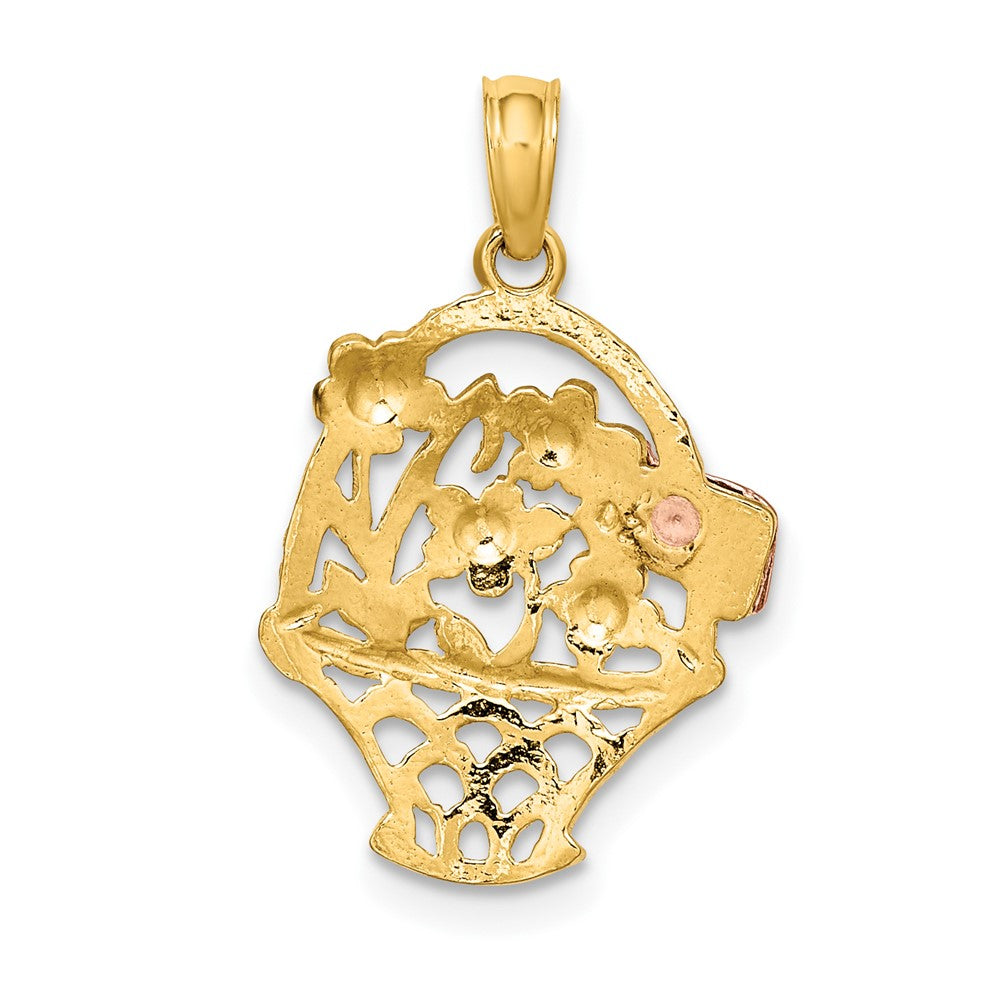 10k Two-Tone and White Rhodium Flower Basket with I LOVE YOU Flag Charm