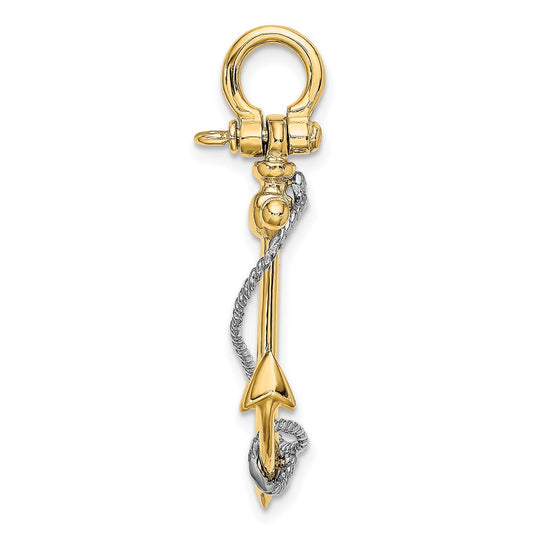 10K Two-tone Large 3-D Anchor with Long T-Bar and Rope with Shackle Bail Pendant