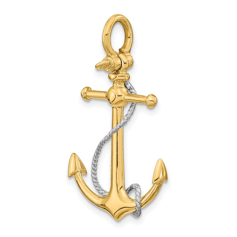 10K Two-tone Large 3-D Anchor with Long T-Bar and Rope with Shackle Bail Pendant