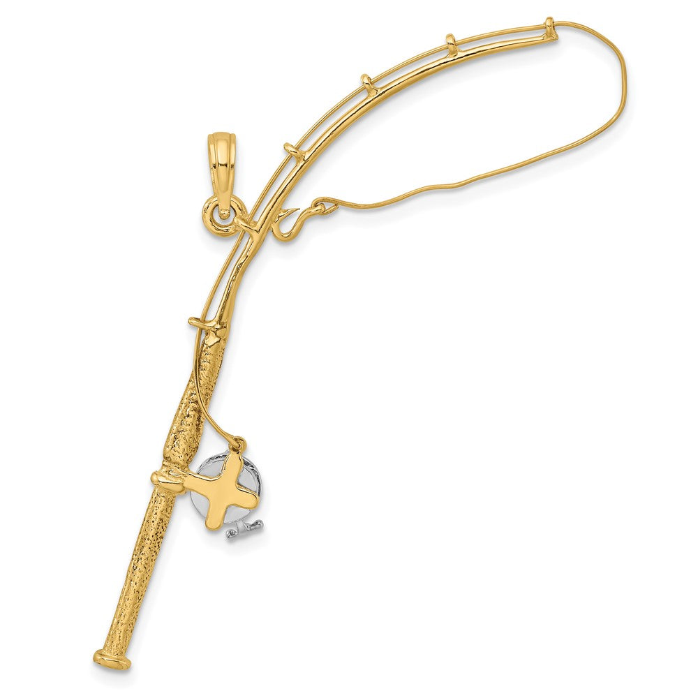 10K and White Rhodium Large 3-D Moveable Fishing Pole with Reel Pendant