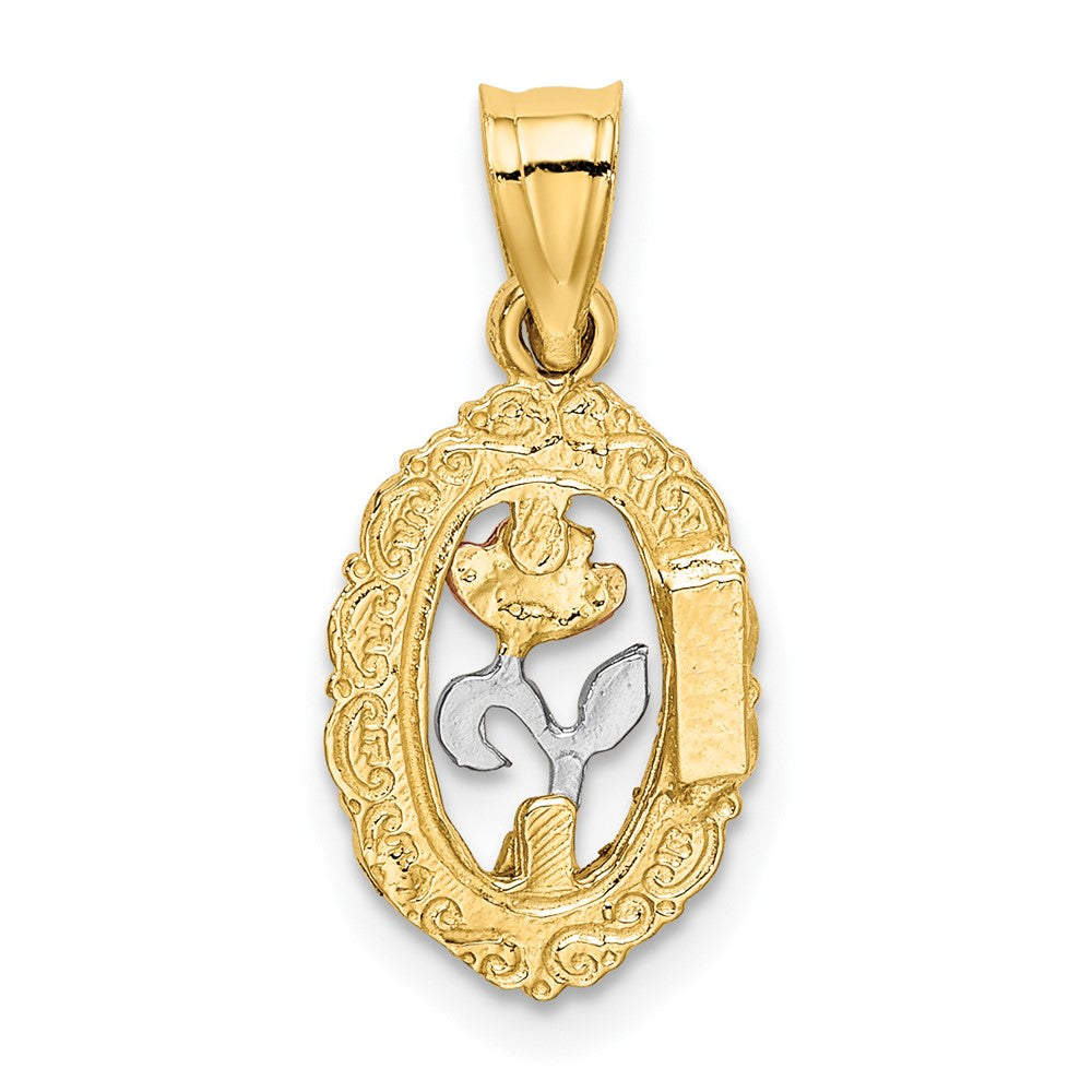 10K Two-tone w/White Rhodium Rose In Oval Frame Charm