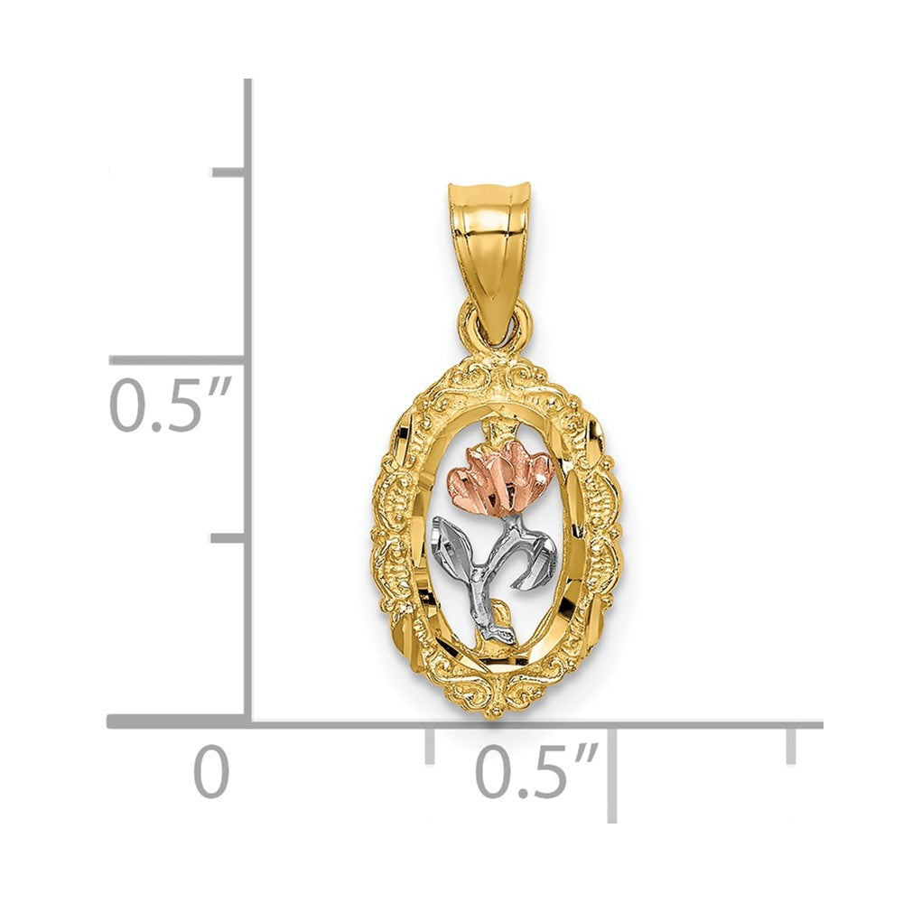 10K Two-tone w/White Rhodium Rose In Oval Frame Charm