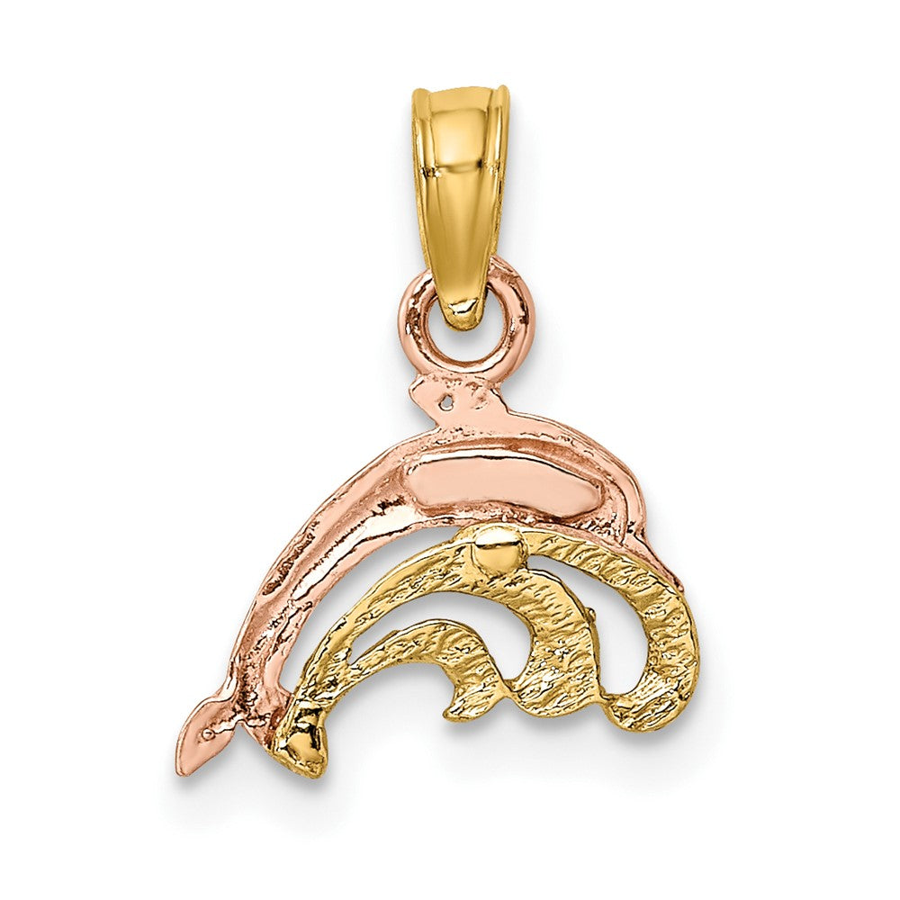10K Two-Tone with White Rhodium Mini Dolphin and Wave Charm