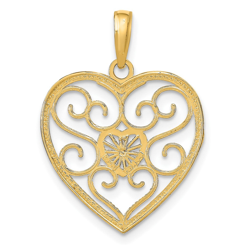 10k and White Rhodium Filigree Beaded Heart Charm