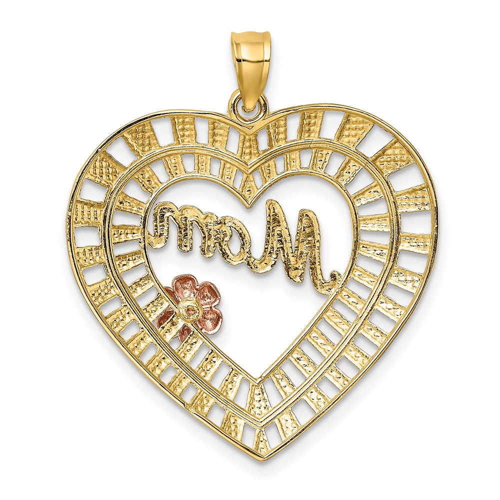10k Two-tone and White Rhodium Diamond-cut MOM in Heart Pendant