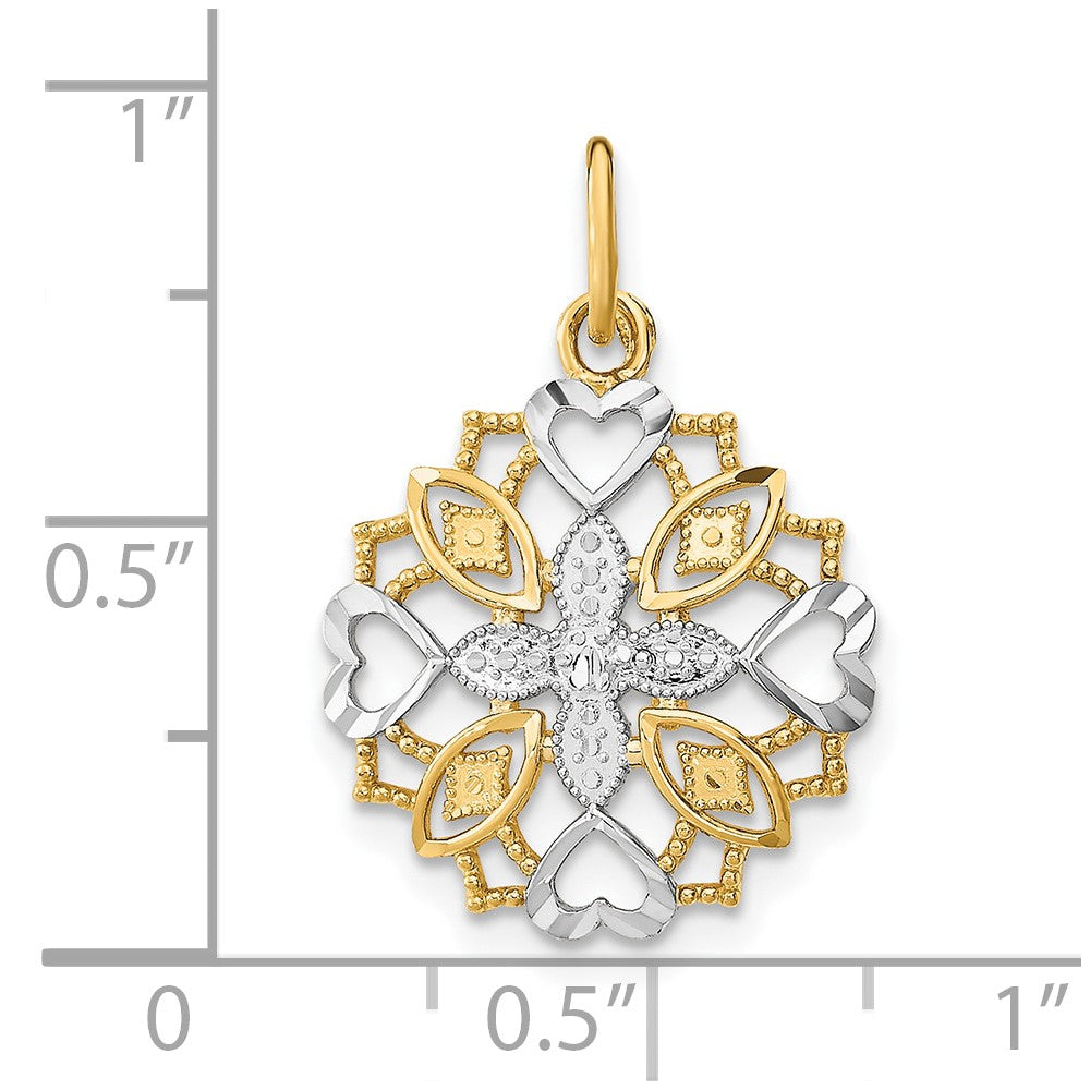 10K w/Rhodium Center Flower and Heart Charm