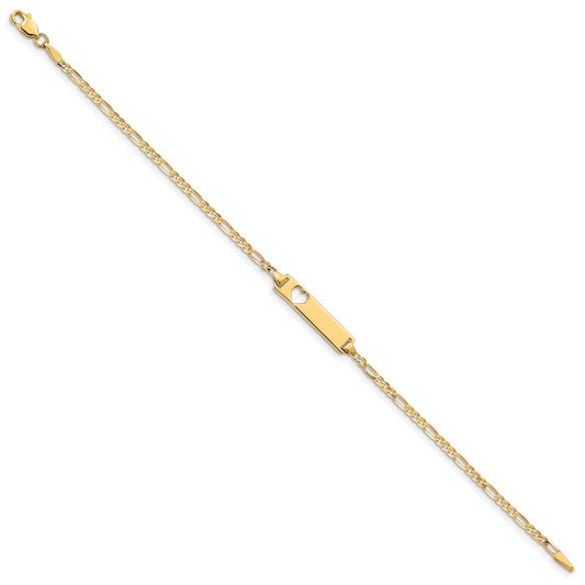 10k Polished Solid Chain/Solid Plate Figaro Link Cut-out Heart 20x5mm Plate 7 inch ID Bracelet