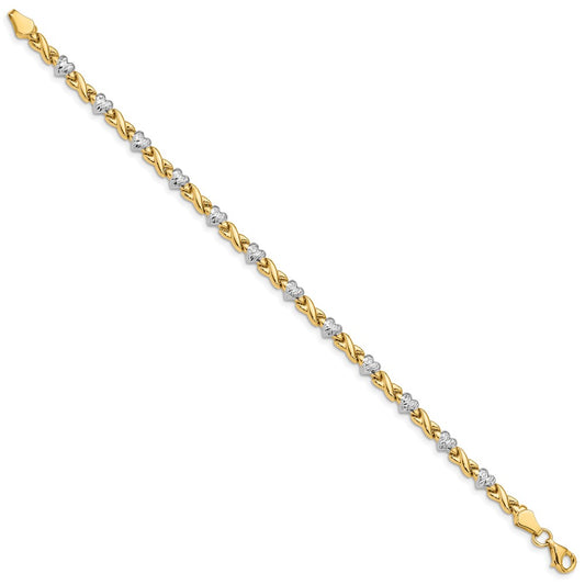 10k and White Rhodium Polished and Textured X-and-Heart 7 inch Bracelet