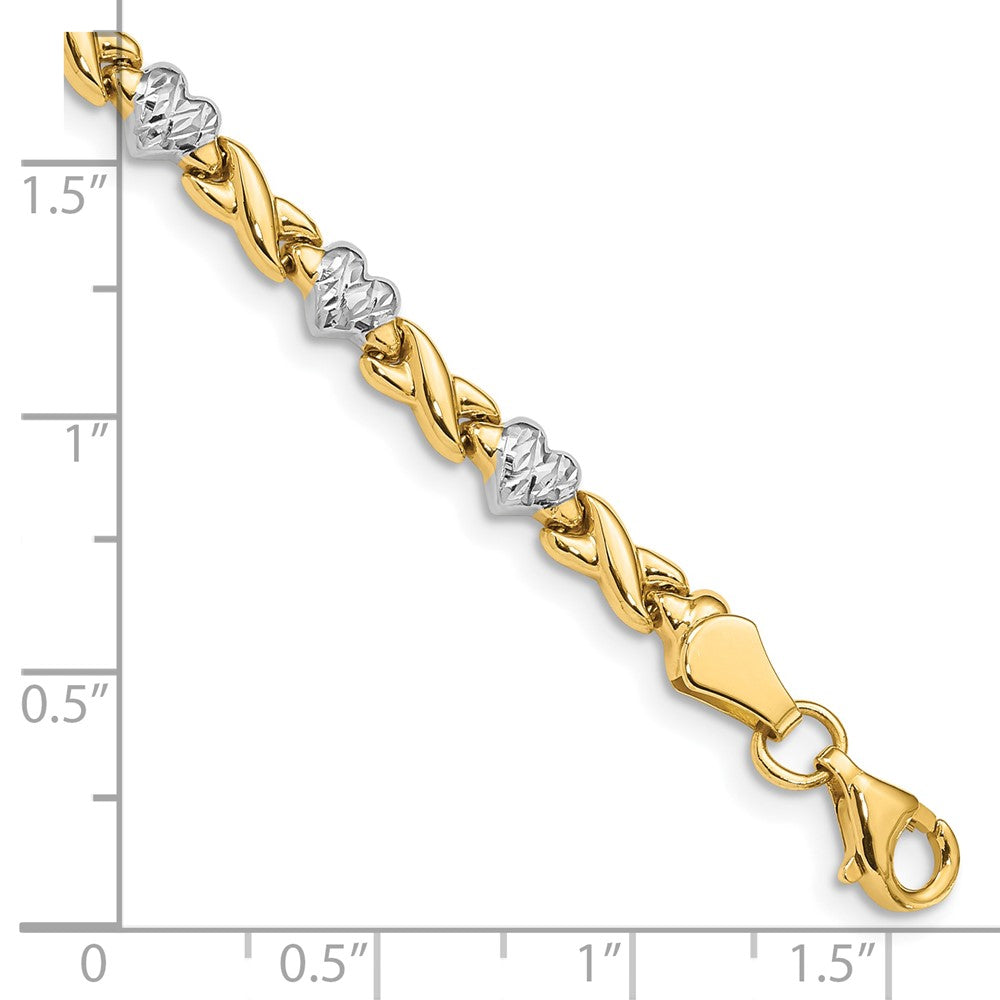 10k and White Rhodium Polished and Textured X-and-Heart 7 inch Bracelet