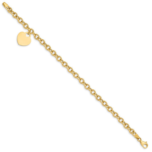 10k Engravable 18x15mm Solid Dangle Heart Charm and Hollow Chain 7.25 inch Bracelet