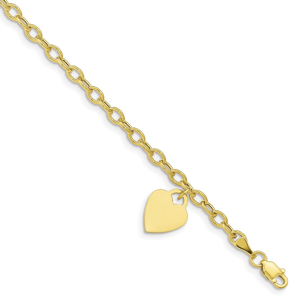 10k Engravable 14x10mm Solid Dangle Heart Charm and Hollow Chain 8.5 inch Bracelet